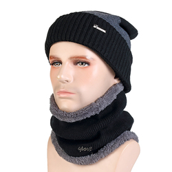 Men Winter Wool Blend Warm Knitted Hat And Scarf Set