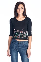 Women’s Floral Embroidered Tie-Back Crop Sweater