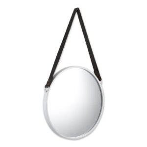 Round Hanging Wall Mirror with Faux Leather Strap – White