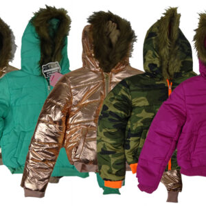 . Case of [28] Girls’ Puffer Jackets – 7-16, Assorted Colors, Faux Fur Hood Trim .