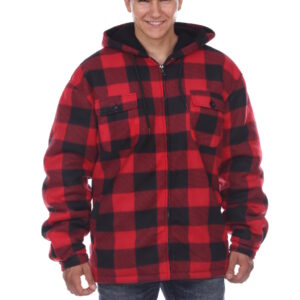 . Case of [12] Men’s Plaid Fleece Jackets – 3X-5X, Red, Hooded .